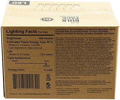 Led лампа с общо предназначение Global Value Lighting FG-03161 40 Вата, еквивалентна A19, (6 бр.), Дневна светлина