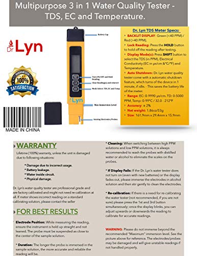 Тестер Dr. Lyn 3 в 1 TDS Pen с нулев качеството на водата, м ppm - 0-5000 Ppm - за система за обратна Осмоза