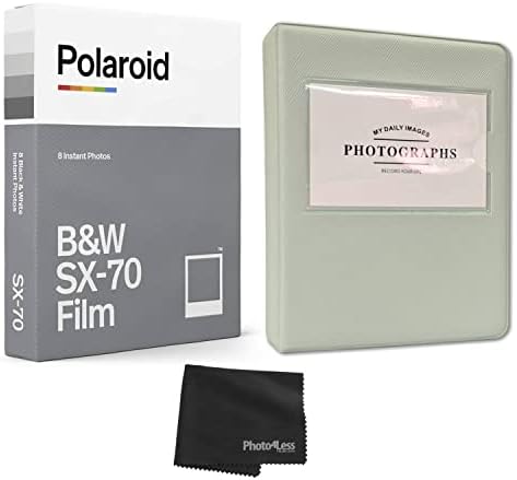 Черно-бял филм Polaroid за SX-70, 8 Листа + Кожена 5-инчов Фотоалбум, с Капацитет 32 Щампи - Сиво + Кърпа за