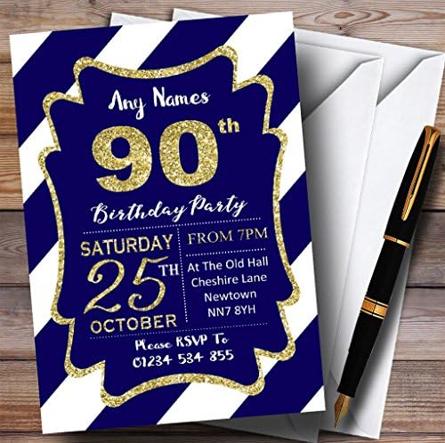 Синьо-Бели Диагонални Ивици, Златни Персонални Покани на Парти в чест на 90-годишнината