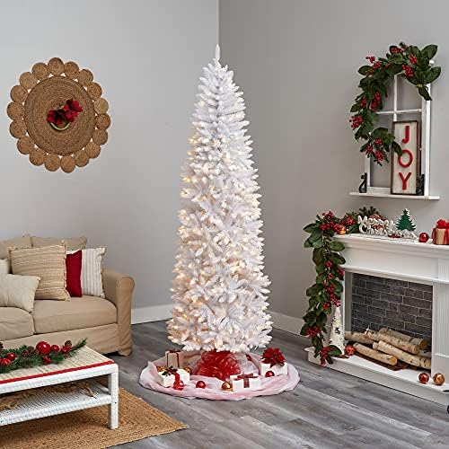 8 фута. Тънка Бяла Изкуствена Коледна елха с 400 Топли бели led светлини и 1348 Гъвкави клони