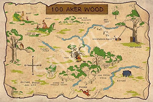 100 Акер Ууд, Детска стая, Класически Плакат с карта В стил Мечо Пух (24x36 инча)