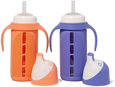 Комплект от 2-те стъклени чаши за деца - The Лука | Непроливающийся | Силиконовата соломинка | Оранжево и индиго-лилаво
