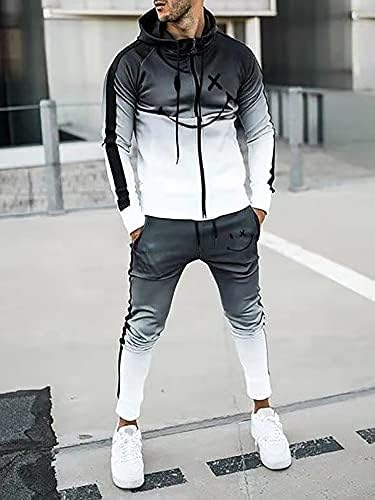 DUGU/Мъжки Ежедневни спортен костюм, комплект от 2 теми, с дълъг ръкав, с цип, С качулка, за бягане, спортни, спортни костюми, черно и сиво...