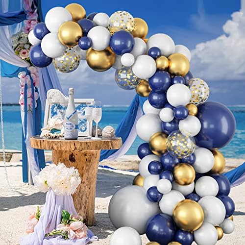 GREMAG Тъмно Синьо Златна Арка с Венец от балони, Сини, Златни и бели балони, 102 бр. със Златни топки за украса