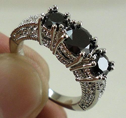 T-Jewelry Съблазнителен Дамски със сребърно покритие Пръстен С Черен Сапфир и Три Камъни, Годежни Сватба (6)