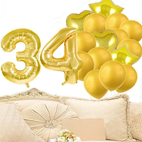 Красиви Декорации на 34-ти Рожден Ден, Вечерни Аксесоари, Златни въздушни балони с номер 34, 34-та Балони от