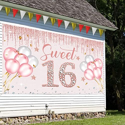 Украса за Банери Happy Sweet 16th Birthday за Момичета, Розов Фон за парти за Рожден Ден от розово Злато 16,
