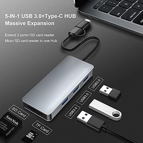 USB-хъб с 3-портов USB адаптер C-хъб с поддръжка на функцията за OTG, 5 в 1 USB 3.0 хъб с кабел с дължина 25
