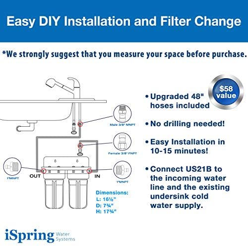 Система за филтриране на вода iSpring US21B под мивката с бърз поток от 15 об/мин, маркучи от неръждаема стомана