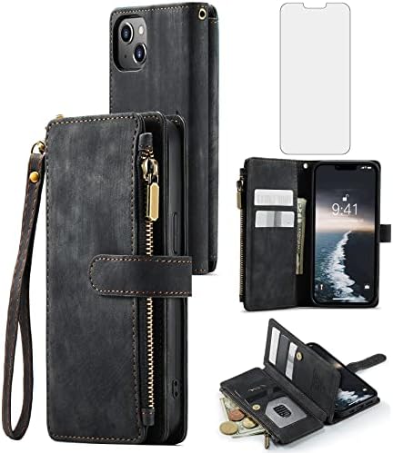 Калъф за телефон Asuwish за iPhone 14, чанта-портфейл с диагонал от 6,1 инча и защитно фолио от закалено Стъкло,
